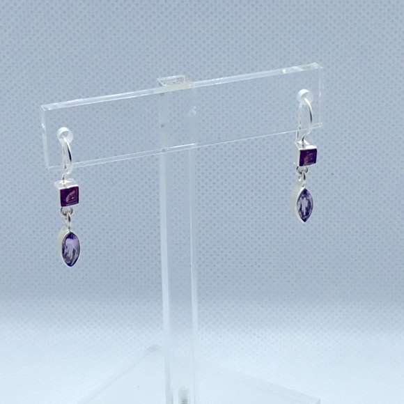 .925 Sterling Silver Garnet Amethyst Drop Earrings - Picture 2 of 8